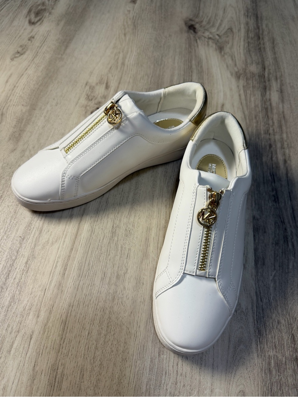 Michael Kors White Leather Zip-Front Sneakers with Gold Hardware